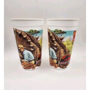 VTG Jurassic Park McDonalds Plastic Movie Promo 2 Dinosaur Cups Triceratops 90s